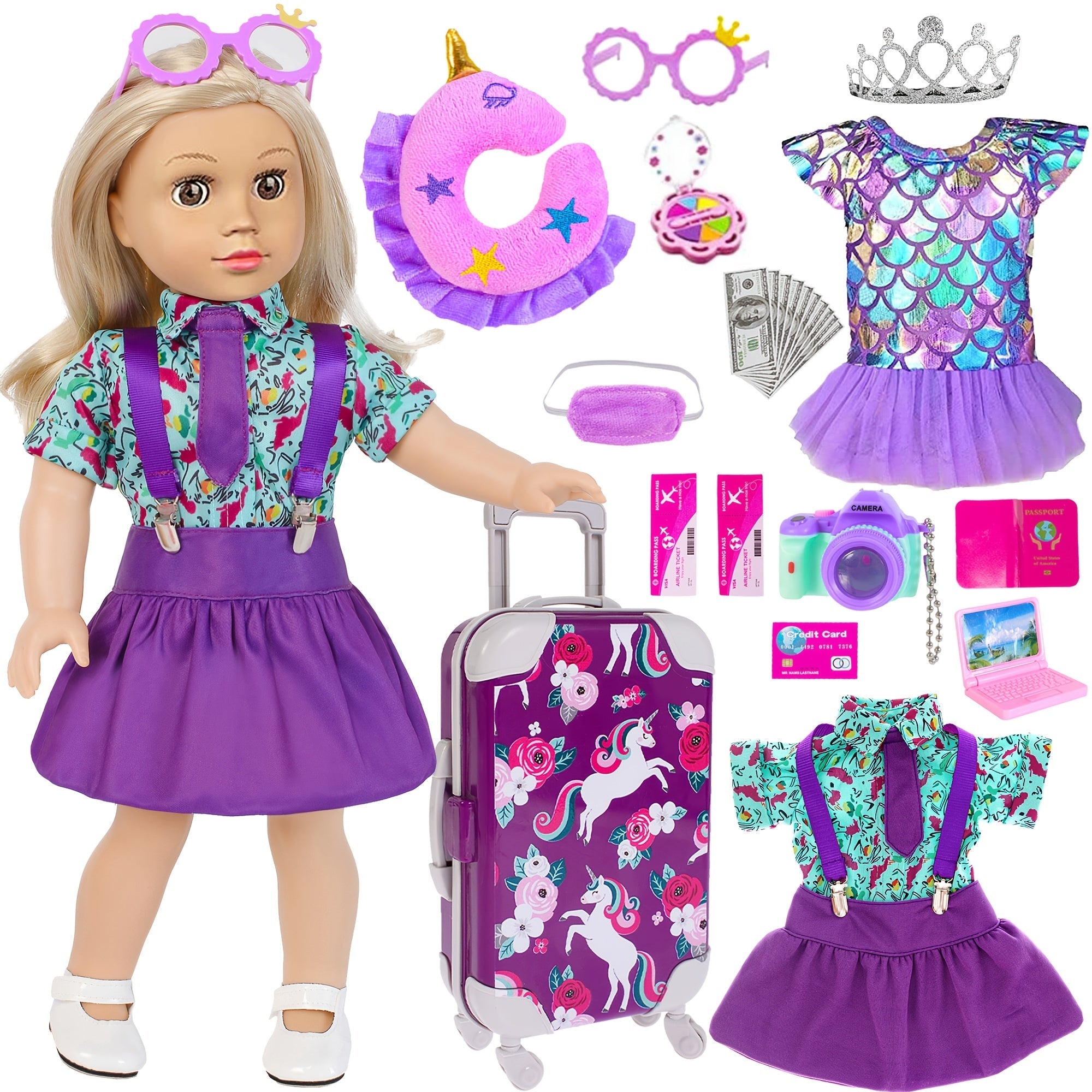 Set de 25 Accessoires pour Poupée Américaine 18 pouces - Valise, Coussin, Caméra et Lunettes de Soleil - Cadeau Idéal pour Enfants King of Toys