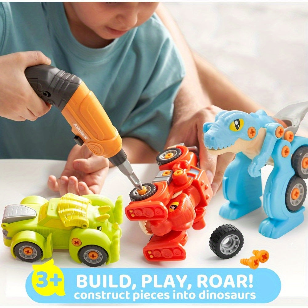 3 Pack Jouets dinosaures à démonter avec perceuse électrique | Jouets de construction transformables, interrupteur bidirectionnel, voitures jouets pour les garçons de plus de 3 ans