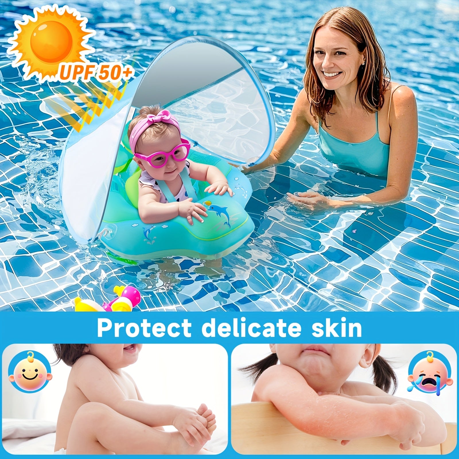Bouée de Natation Gonflable Bébé avec Protection Solaire UPF50+ - Siège de Sécurité Réglable pour Enfants 3-36 Mois - Jouet de Piscine Dauphin