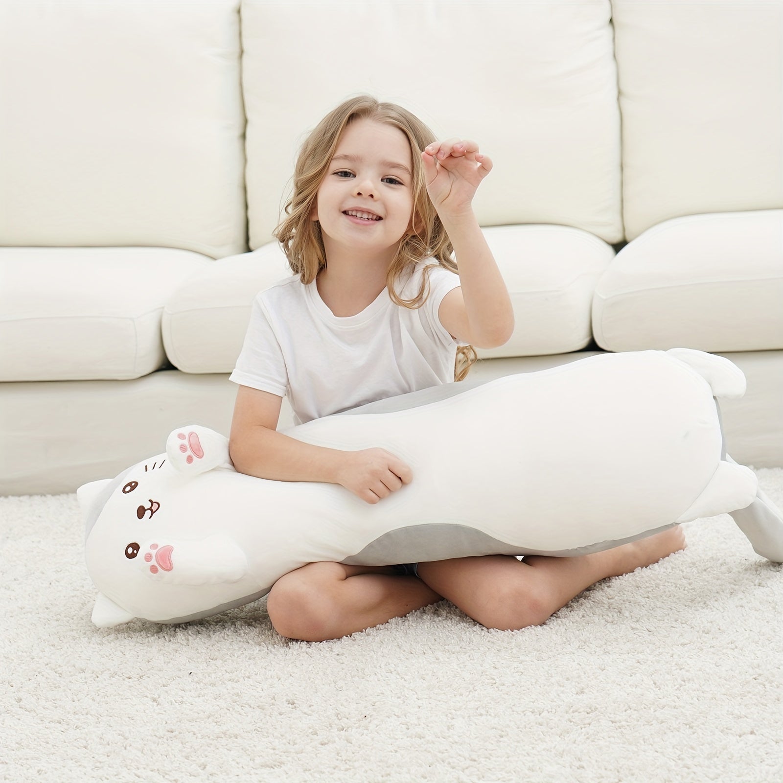 Coussin Long en Peluche Chat | Peluche Animée Chaton pour Câlins, Jouet Cadeau pour Enfants, Cadeau de Noël