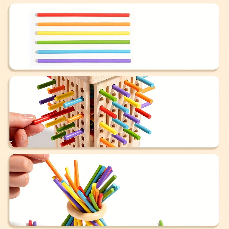 Jeu d'Adresse en Bois 3-en-1 "Tour à Bâtonnets" pour Enfants 3 Ans et Plus - Jeu de Réflexion et Sensoriel pour la Motricité Fine et les Couleurs
