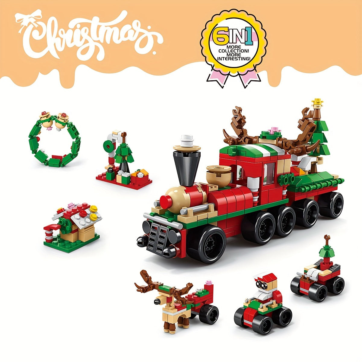 Train de Noël Éducatif 6-en-1 DIY | Jouet de Construction en Blocs pour Enfants, Cadeau de Noël