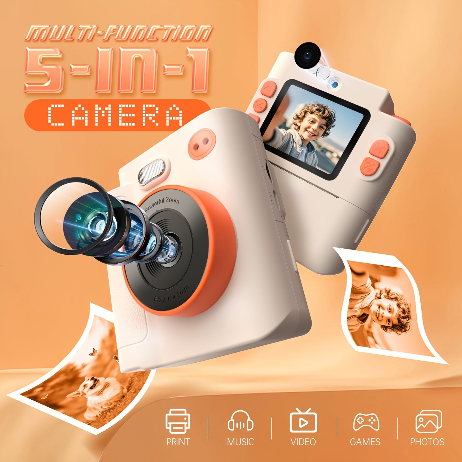 Appareil Photo Instantané Numérique 5-en-1 pour Enfants - Caméra Multifonction avec Vidéo, Musique et Jeux - Cadeau Surprise pour Garçons et Filles