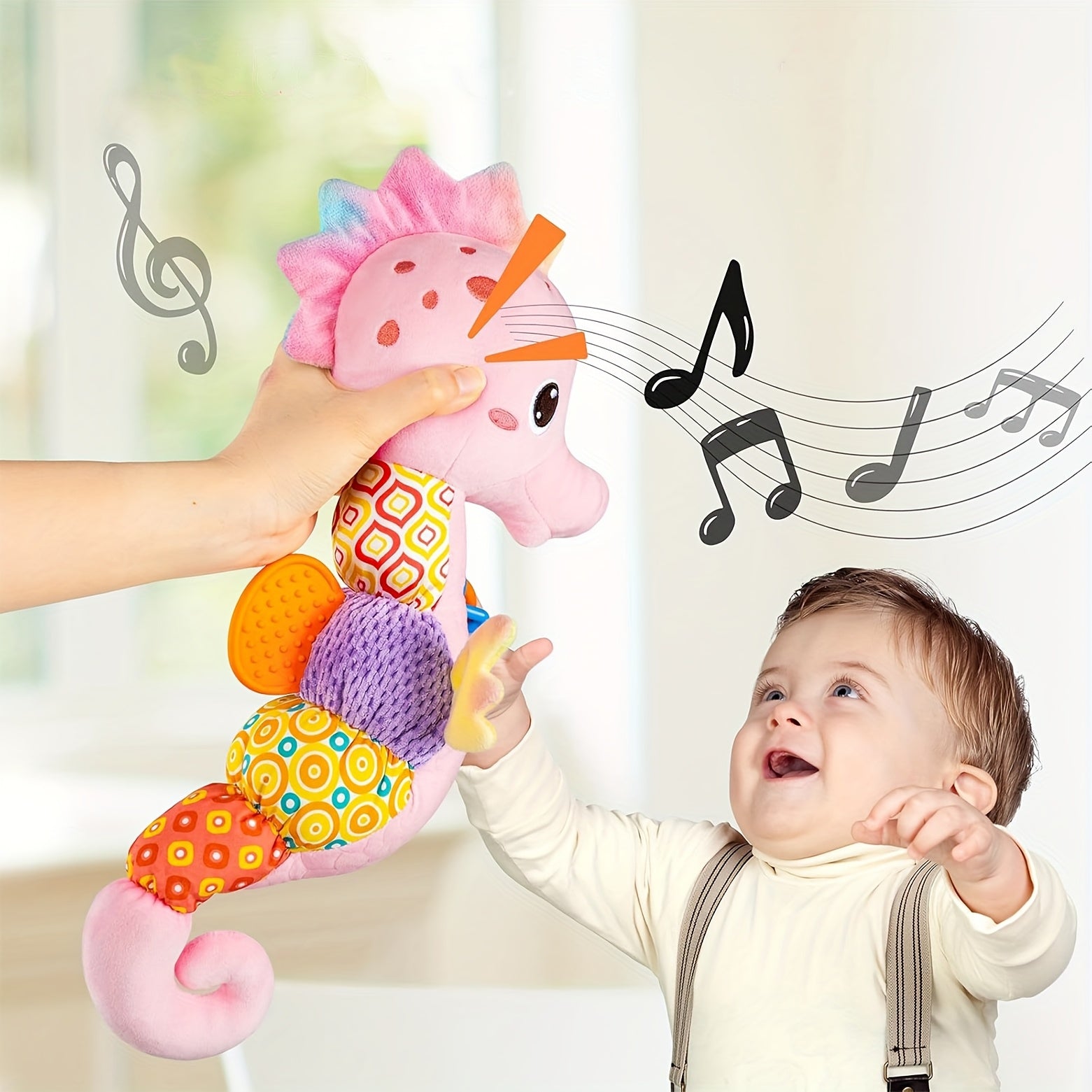 Hippocampe Musical en Peluche pour Bébé - Jouet Sensoriel Doux avec Hochet et Sons Froissés pour Nouveau-Né Fille Garçon - Cadeau de Naissance