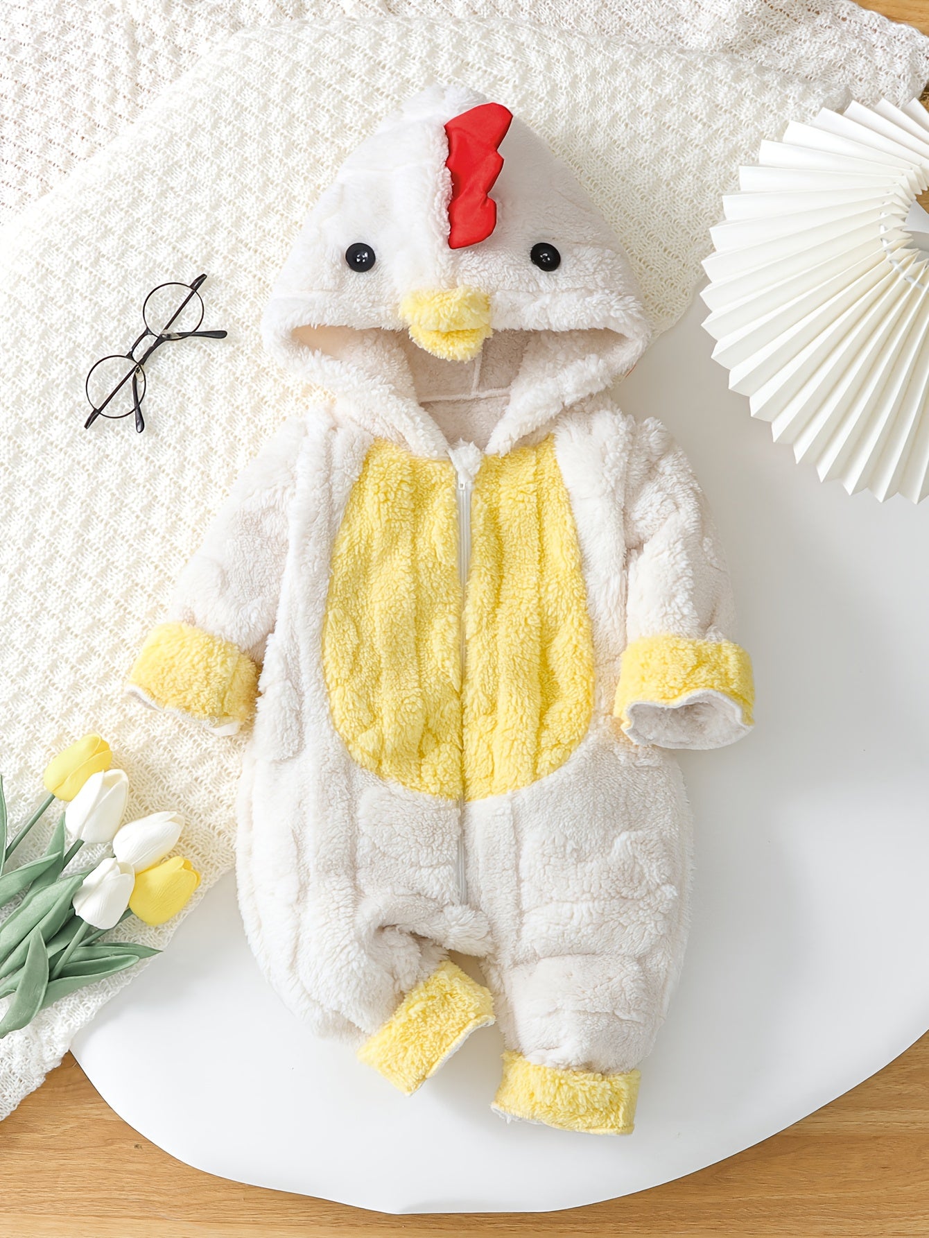 Combinaison Bébé Unisexe en Polaire Motif Poussin - Grenouillère à Capuche Chaude et Douce pour Filles et Garçons (Automne/Hiver)