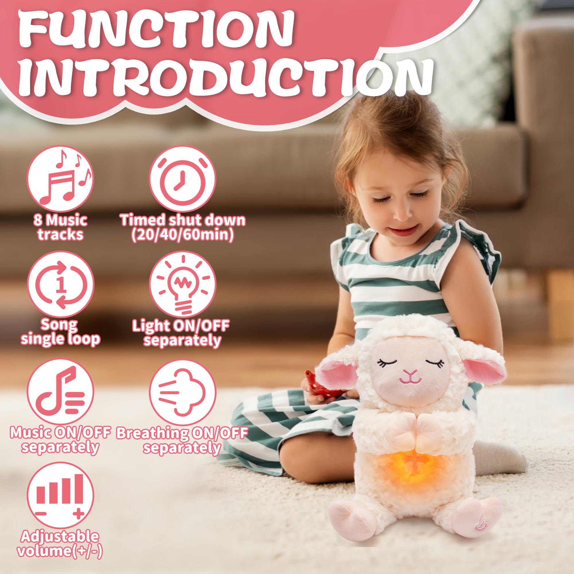 Agneau en Peluche Musical & Respirant – 8 Mélodies Douces, Bruit Blanc, Veilleuse & Volume Réglable | Cadeau de Naissance